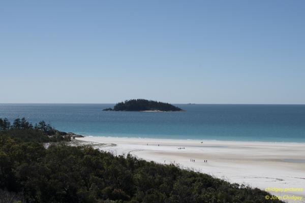 Esk Island Whitehaven Beach: This photo is taken from above Hill Inlet looking over the bay towards the Esk Island, East of Whitehaven Beach.