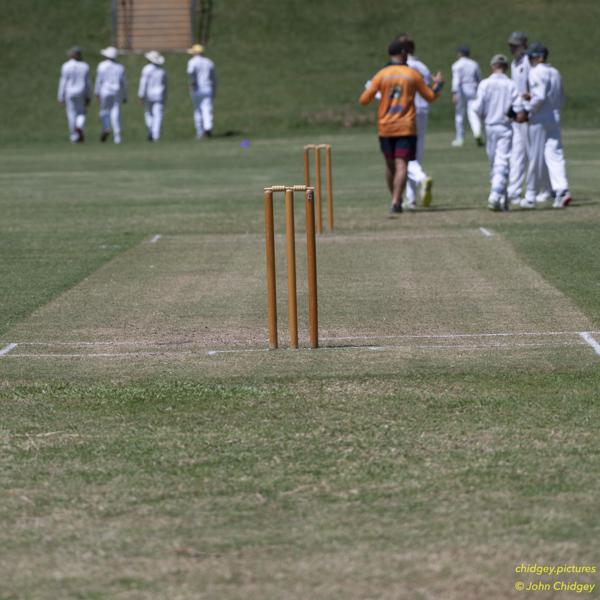 Cricket Pitch After Innings: The fielding team wrapped up their innings and won the match, now leaving the field. Snapped this picture of the cricket pitch, just after the innings concluded.