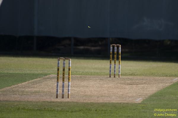 Cricket Pitch: A freshly cut and rolled cricket pitch before the game is about to start.